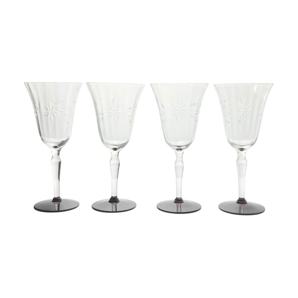 1950s Vintage 4 Ruby Red Footed Star Flower Etched Optic Wine Glasses 7 3/4” 8oz